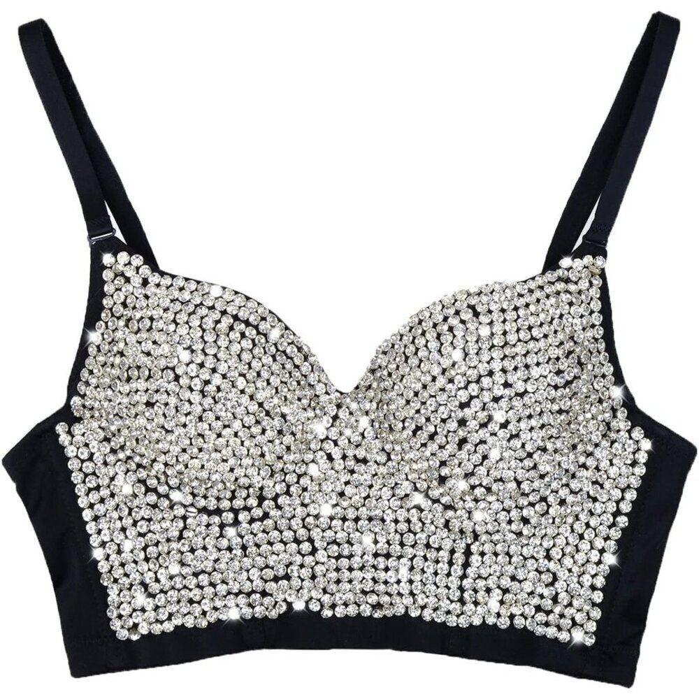 Women First Black Rhinestone Diamond Push Up Crop Corset Bustier Top